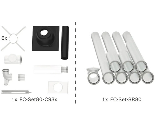 Zwei Abgassystem-Sets bestehend aus Anschlussset FC-Set80-C93x mit Dachdurchführung und Verlängerungsset FC-Set-SR80 mit Rohren und einem Bogen.