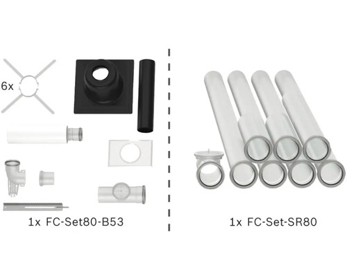 Abgassystem Sets FC-Set80-B53 und FC-Set-SR80 mit Rohren, Verbindungsstücken und einer Dachdurchführung für Heizungsanlagen.