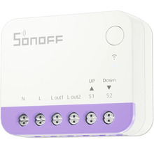 Sonoff Smart Switch Modul mit Schraubanschlüssen für die elektrische Verkabelung, Bedientaste, Verbindungsanzeige und Sonoff Logo.