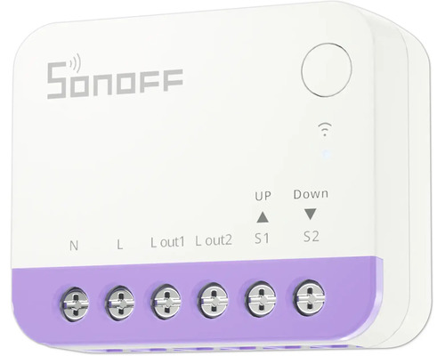 Sonoff Smart Switch Modul mit Schraubanschlüssen für die elektrische Verkabelung, Bedientaste, Verbindungsanzeige und Sonoff Logo.