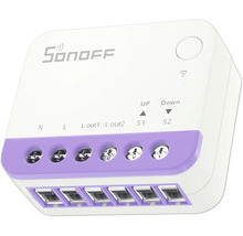 Sonoff Smart Switch Modul mit Anschlüssen für N, L, L out1, L out2, S1 und S2 sowie WLAN Funktion.
