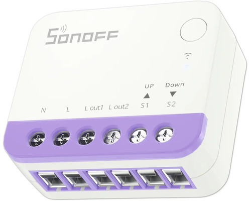 Sonoff Smart Switch Modul mit Anschlüssen für N, L, L out1, L out2, S1 und S2 sowie WLAN Funktion.