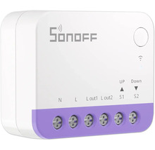 Weißer Sonoff WLAN-Smart-Schalter zur Rolladensteuerung mit lila Abschlussleiste und sechs Schraubklemmen. Sonoff Logo.