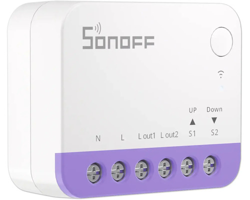 Weißer Sonoff WLAN-Smart-Schalter zur Rolladensteuerung mit lila Abschlussleiste und sechs Schraubklemmen. Sonoff Logo.