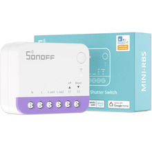 Sonoff MINI-RBS WLAN-Rollladenschalter zur Steuerung von Jalousien und Rollläden inklusive Produktverpackung.