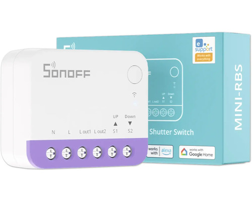 Sonoff MINI-RBS WLAN-Rollladenschalter zur Steuerung von Jalousien und Rollläden inklusive Produktverpackung.