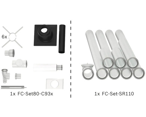 Zwei Sets für Abgassysteme: FC-Set80-C93x mit Formstücken, Dachdurchführung und sechs Abstandshaltern sowie FC-Set-SR110 mit vier Rohren.