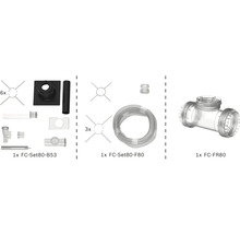 Zubehörsets für Abgassysteme FC-Set80-B53 mit Rohren und Halterungen, FC-Set80-F80 mit Schlauch und FC-FR80 T-Stück aus Kunststoff.