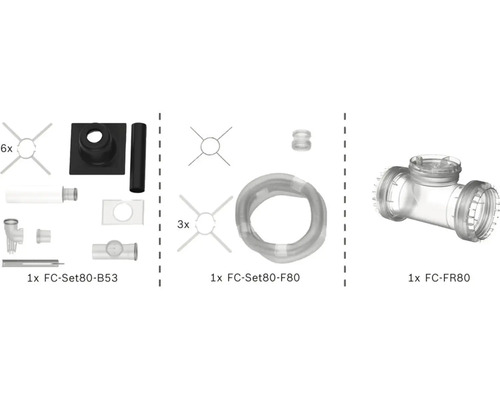 Zubehörsets für Abgassysteme FC-Set80-B53 mit Rohren und Halterungen, FC-Set80-F80 mit Schlauch und FC-FR80 T-Stück aus Kunststoff.