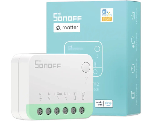 Sonoff smarter Schalter mit Matter-Unterstützung und Verpackung. Kompatibel mit Alexa für die Haussteuerung über Funkverbindung.