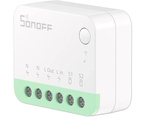 Sonoff Smart Switch Modul für Unterputzmontage mit Sonoff Logo, Taste und Klemmen zur WLAN-Steuerung von Beleuchtung.