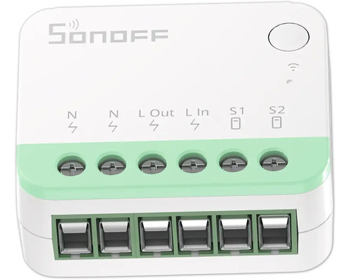 Weiß-grünes Sonoff Smart Switch Modul mit sechs Schraubklemmen für Stromanschlüsse und Schalteingänge sowie einer Kopplungstaste. Sonoff Logo.