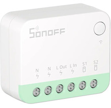 Sonoff WLAN Schaltmodul für Smart Home Unterputzmontage, mit Anschlüssen für Neutralleiter, Phase und Schalter, Sonoff Logo.