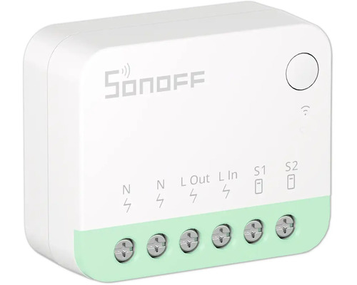 Sonoff WLAN Schaltmodul für Smart Home Unterputzmontage, mit Anschlüssen für Neutralleiter, Phase und Schalter, Sonoff Logo.