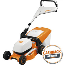 Stihl Akku-Rasenmäher in Weiß und Orange mit Grasfangkorb, Stihl Logo und Cashback-Aktion.