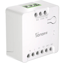 Weißes Sonoff Smart-Relaismodul mit Sonoff Logo, Anschlussklemmen für Strom und Schalter sowie Symbol für kabellose Verbindung.