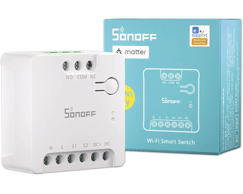 Sonoff Wi-Fi Smart Switch MINI mit Matter-Unterstützung und Produktverpackung.