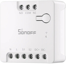 Sonoff Smart Home Schaltmodul mit Schraubklemmen für NO, COM, NC, L, N, S1, S2, DC plus und DC minus.