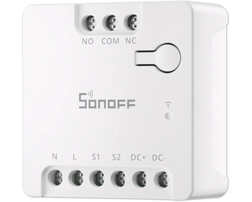 Sonoff Smart Home Schaltmodul mit Schraubklemmen für NO, COM, NC, L, N, S1, S2, DC plus und DC minus.