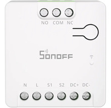 Sonoff Smart Switch Modul mit Anschlussklemmen für NO, COM, NC, N, L, S1, S2, Gleichstrom plus und minus sowie Sonoff Logo.