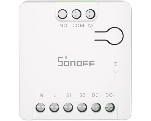 Sonoff Smart Switch Modul mit Anschlussklemmen für NO, COM, NC, N, L, S1, S2, Gleichstrom plus und minus sowie Sonoff Logo.