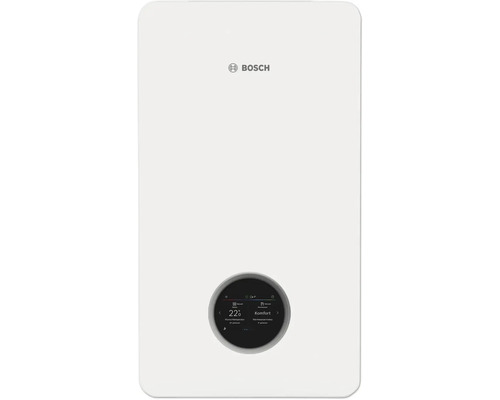Bosch Gas-Brennwerttherme mit kreisförmigem Digitaldisplay und Bosch Logo.