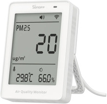 Sonoff Luftqualitätsmonitor für PM2,5-Partikel, Temperatur und Luftfeuchtigkeit, mit digitaler Anzeige und WLAN-Verbindung.