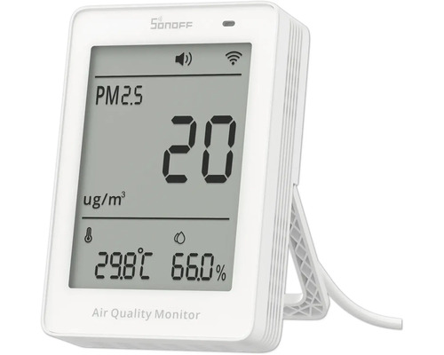 Sonoff Luftqualitätsmonitor für PM2,5-Partikel, Temperatur und Luftfeuchtigkeit, mit digitaler Anzeige und WLAN-Verbindung.