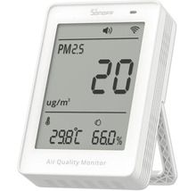 Digitaler weißer Sonoff Luftqualitätsmonitor zur Messung von PM2,5 Feinstaub, Temperatur in Grad Celsius und Luftfeuchtigkeit in Prozent.