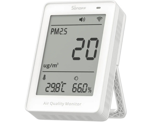 Digitaler weißer Sonoff Luftqualitätsmonitor zur Messung von PM2,5 Feinstaub, Temperatur in Grad Celsius und Luftfeuchtigkeit in Prozent.