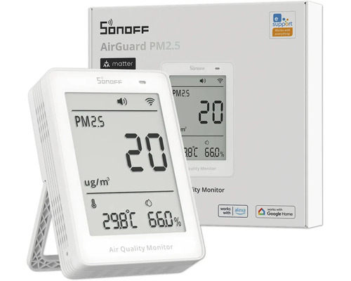 Sonoff AirGuard PM2.5 Luftqualitätsmonitor für Feinstaub, Temperatur und Luftfeuchtigkeit, kompatibel mit Matter, Alexa und Google Home.