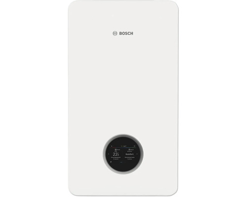 Weißes Bosch Gas-Brennwertgerät mit abgerundeten Ecken, Bosch Logo und einer runden Digitalanzeige.
