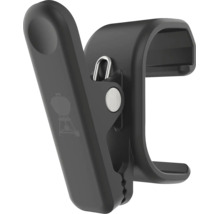 Schwarzer Halteclip aus Kunststoff für Grillzubehör mit Grillsymbol.