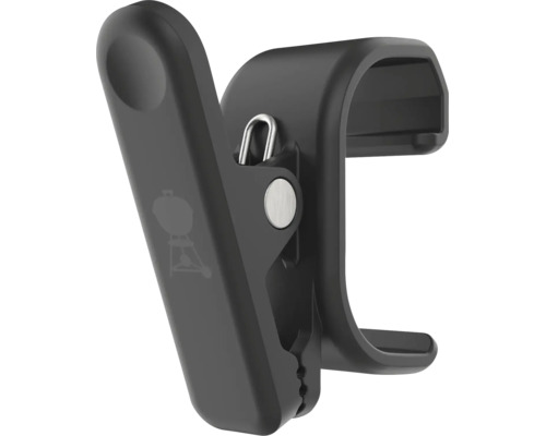 Schwarzer Halteclip aus Kunststoff für Grillzubehör mit Grillsymbol.