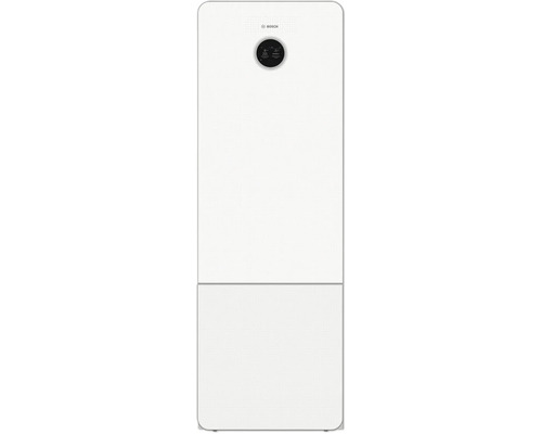 Bosch Kühl-Gefrierkombination in Weiß mit rundem digitalem Display und Bosch Logo.