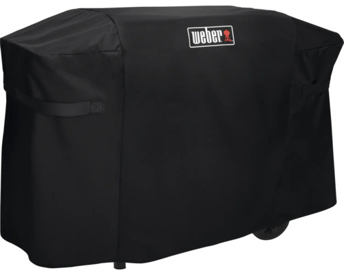 Schwarze Weber Grillabdeckhaube aus wetterfestem Material mit Weber Logo.