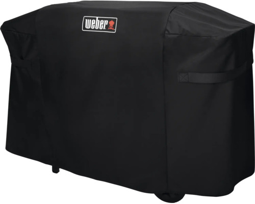 Schwarze Weber Grill-Abdeckhaube aus wetterfestem Material mit seitlichen Griffen und Weber Logo.