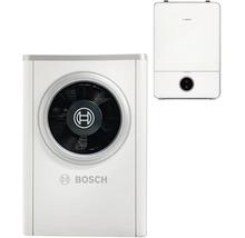Bosch Wärmepumpen-Set bestehend aus Außeneinheit mit Ventilator und Inneneinheit mit Display und Bosch Logo.