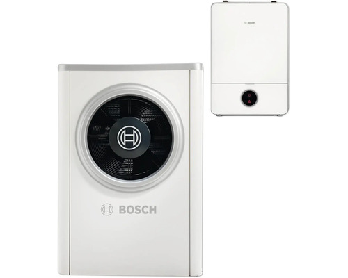 Bosch Wärmepumpen-Set bestehend aus Außeneinheit mit Ventilator und Inneneinheit mit Display und Bosch Logo.