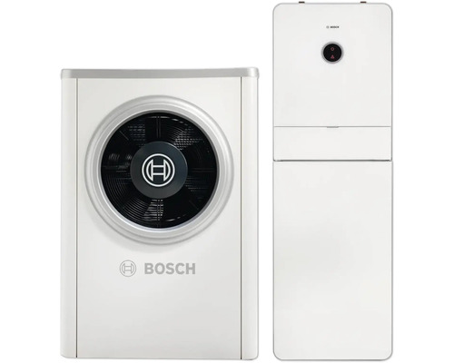 Bosch Luft-Wasser-Wärmepumpe bestehend aus einer Außeneinheit mit Ventilator und Bosch Logo sowie einer Inneneinheit mit Steuerelement.
