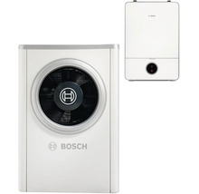 Bosch Luft-Wasser-Wärmepumpen-Set bestehend aus einer Außeneinheit mit Ventilator, einer wandhängenden Inneneinheit und Bosch Logo.