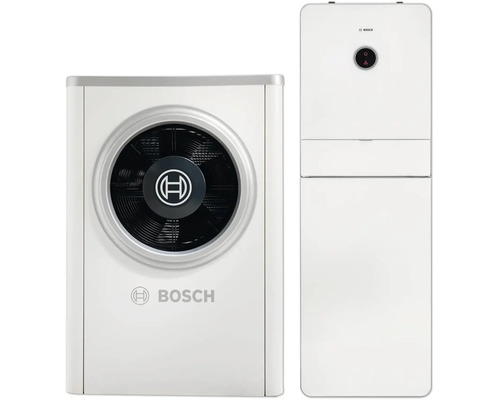 Bosch Luft-Wasser-Wärmepumpen-Set bestehend aus einer Außeneinheit mit Ventilator und einer hohen Inneneinheit.