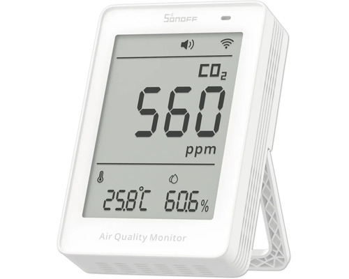 Sonoff Luftqualitätsmonitor mit digitaler Anzeige für Kohlendioxid, Temperatur und Luftfeuchtigkeit.