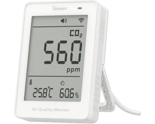 Sonoff Luftqualitätsmonitor mit digitaler Anzeige von CO2-Gehalt, Temperatur in Grad Celsius und Luftfeuchtigkeit in Prozent.