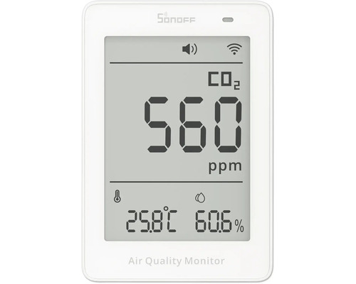 Sonoff Logo. Digitaler Luftqualitätsmonitor mit Anzeige von Kohlendioxid, Temperatur in Grad Celsius und Luftfeuchtigkeit in Prozent.