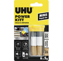 UHU Logo, Power Kitt Minis Reparaturset, sechs Portionen zu je 5 Gramm für Metall, Kunststoff, Holz, schnell härtend, für innen und außen.