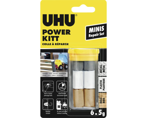 UHU Logo, Power Kitt Minis Reparaturset, sechs Portionen zu je 5 Gramm für Metall, Kunststoff, Holz, schnell härtend, für innen und außen.