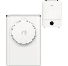 Bosch Heizungssystem mit Außeneinheit mit rundem Logo und Inneneinheit mit Display.