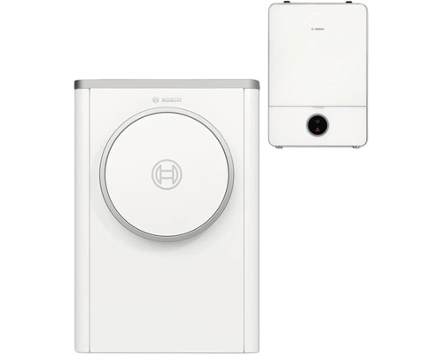 Bosch Heizungssystem mit Außeneinheit mit rundem Logo und Inneneinheit mit Display.