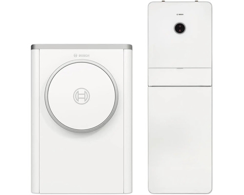 Bosch Heizungseinheiten bestehend aus einem weißen Innenturm mit Display und einer weißen Außeneinheit mit kreisförmigem Design und Bosch Logo.